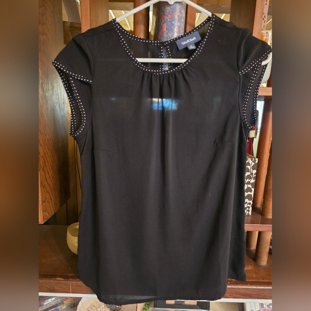 Modcloth Black Shirt Sleeve Blouse Polka Dot Trim Small